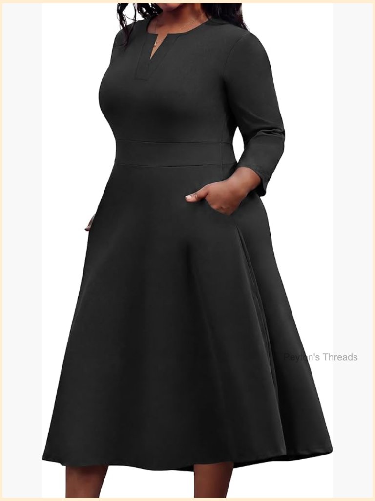 Plus Size Midi Dress 3/4 Sleeve V Neck A-Line With Pockets